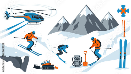 winter skiing outdoor adventure set with skiers helicopter snowcat mountains and equipment in flat style