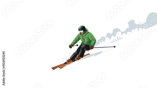 skier in green jacket and helmet descending slope with ski poles hand drawn illustration