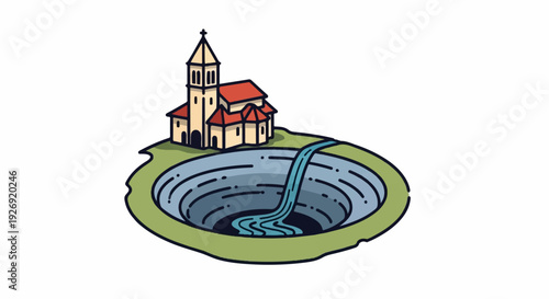 A charming illustration of a church beside a deep blue whirlpool with a waterfall