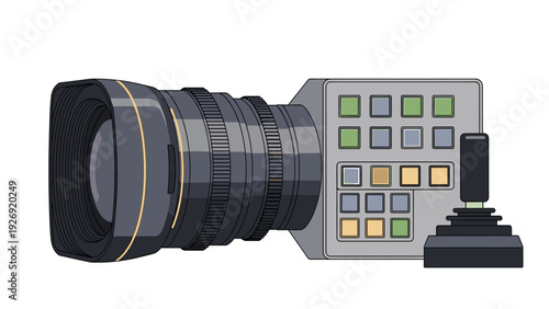 professional video camera with lens and control panel flat vector illustration