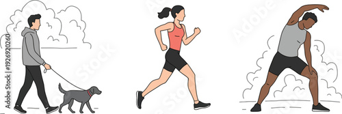 Fitness illustration of people exercising outdoors with a dog