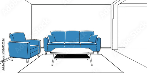 A clean, line-drawn interior scene of a modern living room with blue furniture