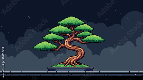 pixel art bonsai tree with twisted trunk and green foliage at night digital illustration