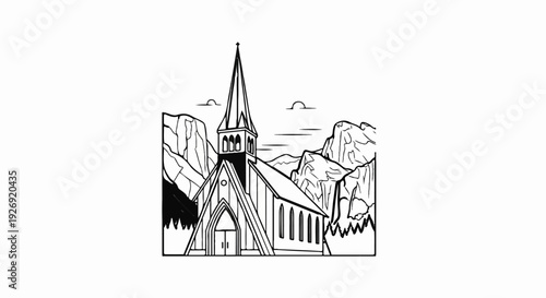 A line drawing of a church with a steeple, nestled among mountains