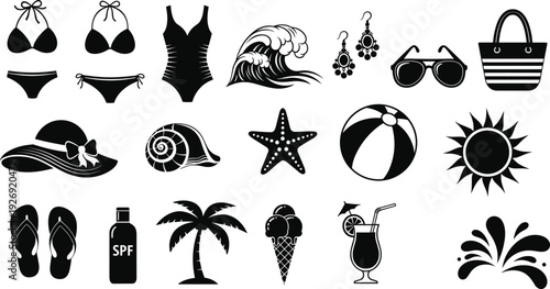 Collection of black beach vacation silhouettes featuring swimwear sun palm tree starfish sea shell flip flops and ice cream for design