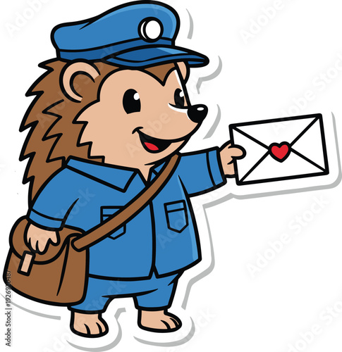 Cute Cartoon Hedgehog Postman Delivering Love Letter with Heart Envelope Friendly Mascot Character Illustration for Kids Education