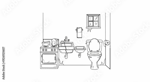 A sparse, hand-drawn illustration depicts a tiny room with a stove, two sinks, and a toilet