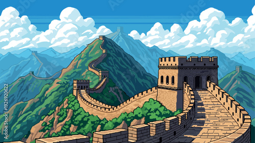 great wall of china landmark hand drawn vector illustration with mountains and blue sky background