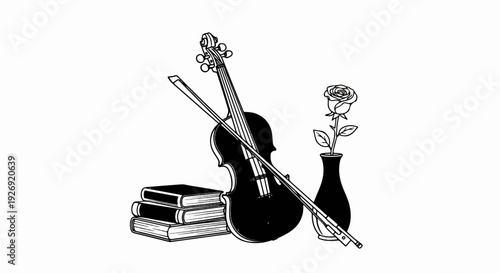 A still life of a violin, books, and a rose in a vase