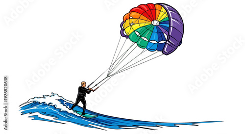 Man parasailing on a wave with a colorful parachute.