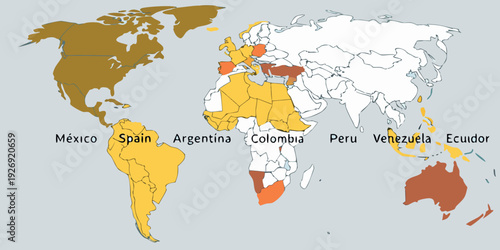 Political world map displays continental regions colored in various shades of yellow and brown to indicate distinct demographic or economic zones.