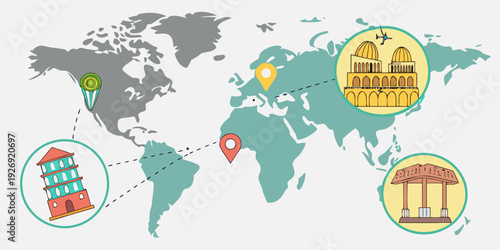 Stylized world map highlights four distinct international travel destinations with corresponding landmark icons and dashed lines for route visualization.
