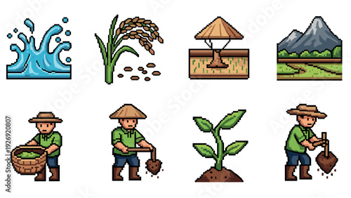 pixel art rice farming set with farmer tools water plant and landscape elements