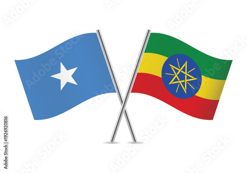 Somalia and Ethiopia crossed flags on a white background. Vector illustration.