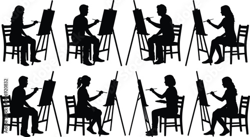 Black silhouette artists painting on easels in art studio isolated on white background creative people drawing vector illustration collection