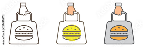 Collection of takeaway and food delivery icons in line and solid styles with editable strokes.  Burger in bag isolated on a transparent background, suitable for restaurant, café, bar menus, food apps