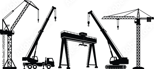 Black silhouette construction crane collection featuring tower crane, mobile crane truck, crawler crane and gantry crane isolated on white background industrial vector illustration