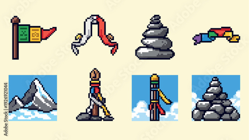 pixel art set of buddhist prayer flags mountains and stone cairns in colorful retro video game style
