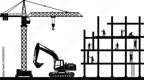 Black silhouette construction site scene with tower crane, excavator and workers building concrete structure isolated on white background industrial vector illustration
