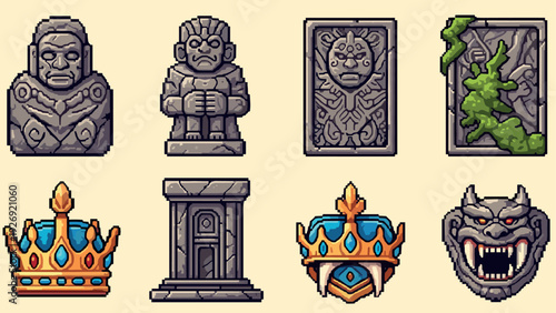 pixel art ancient stone statues crown and pillar collection in retro style