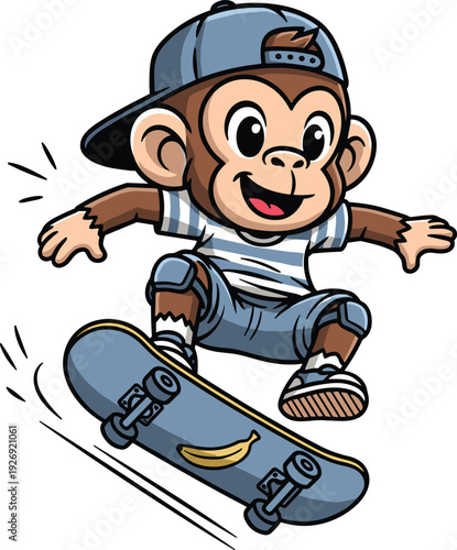 Canvas Print Cute cartoon monkey skateboarding with cap and streetwear performing trick, play