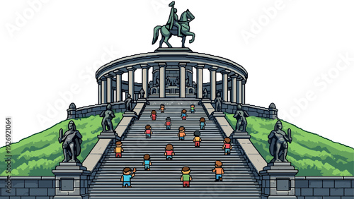 crowd of people climbing wide stone staircase to monument with horse statue hand drawn illustration