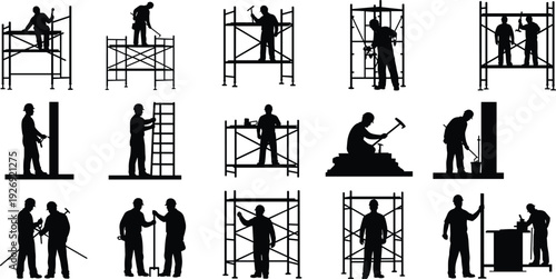 Black silhouette construction workers on scaffolding with tools isolated on white background industrial building maintenance vector illustration set