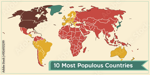 A stylized world map highlights the ten most populous countries using distinct colors against a light background banner at the bottom.