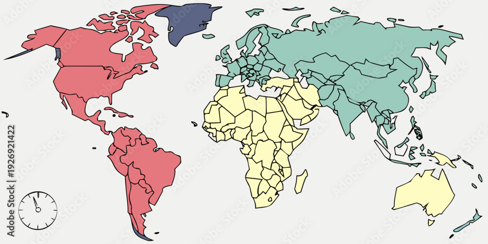 Obraz premium A simplified world map illustration displays three major time zone groupings distinguished by color coding and includes a small analog clock icon.