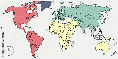 A simplified world map illustration displays three major time zone groupings distinguished by color coding and includes a small analog clock icon.