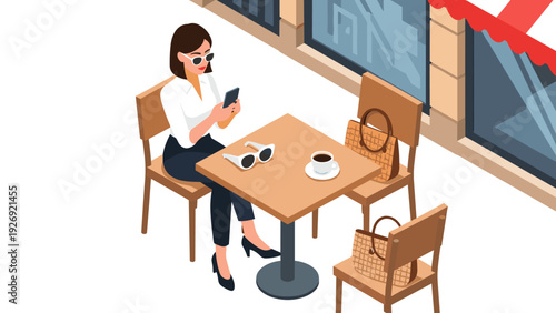 woman sitting at outdoor cafe table with coffee using smartphone isometric illustration