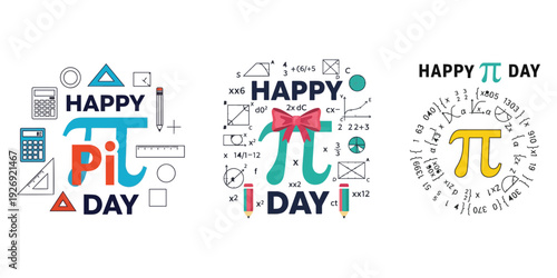 Happy Pi Day celebration with mathematical symbols, calculators, rulers, and pencils on a white background