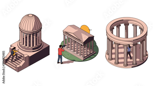 isometric ancient greek and roman architectural structures with tourists hand drawn vector illustration