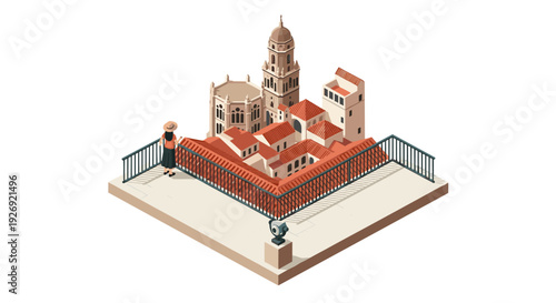 isometric woman sightseeing historic cathedral buildings with red roofs hand drawn illustration