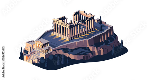 ancient greek acropolis with parthenon temple ruins isometric illustration