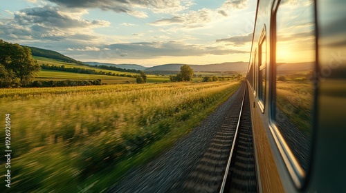 A train travels through a scenic countryside at sunset, with the sun shining through the window.