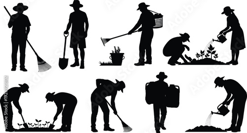 Black silhouette gardeners planting, watering and raking in garden isolated on white background agriculture farming vector illustration set