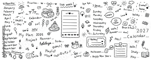 Hand drawn planner and calendar doodle collection with monthly lists weekly schedules and decorative icons for time management productivity and bullet vector design.