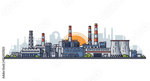 Industrial complex illustration depicting factories and power plants with smokestacks.