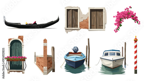 venice gondola boats architectural elements and flowering plants hand drawn vector set for travel and city illustration