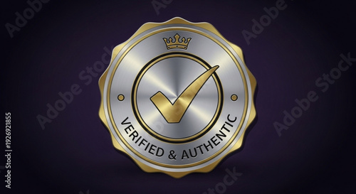 A vector graphic of a verified and authentic seal with a gold checkmark and crown on a dark background