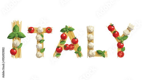italy food inspired typography with spaghetti tomatoes mozzarella and basil hand drawn style