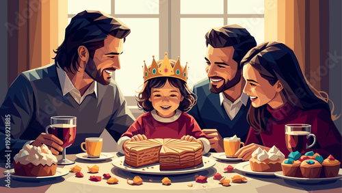 happy family celebrating child's birthday with cake coffee and dessert hand drawn vector illustration