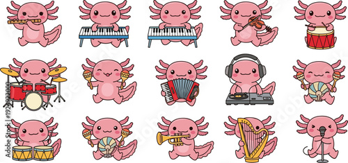 Cute Axolotl Music Band Cartoon Character Set