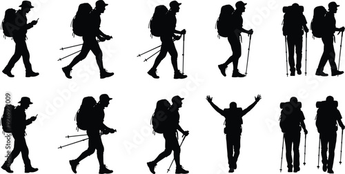 Black silhouette hiker with backpack and trekking poles walking isolated on white background outdoor adventure travel vector illustration collection