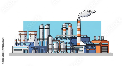 Industrial factory complex with tall chimneys emitting smoke into the sky.