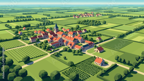aerial view of a countryside village with fields and farmland in flat vector style