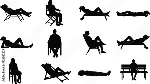 Black silhouette people sitting and lying on chairs, loungers and bench isolated on white background relaxation lifestyle vector illustration set