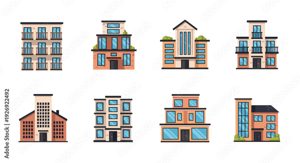 Fototapeta premium collection of hand drawn modern urban buildings with large windows and balconies set