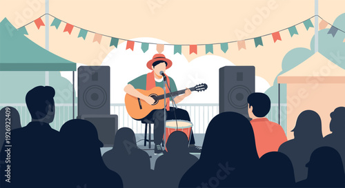 solo musician playing acoustic guitar and singing on stage at outdoor festival illustration